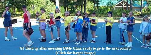 G1 lined up after morning Bible Class ready to go to the next activity
(Click for larger image)