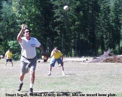 Stuart Segall, Softball Activity director, lobs one toward home plate.
