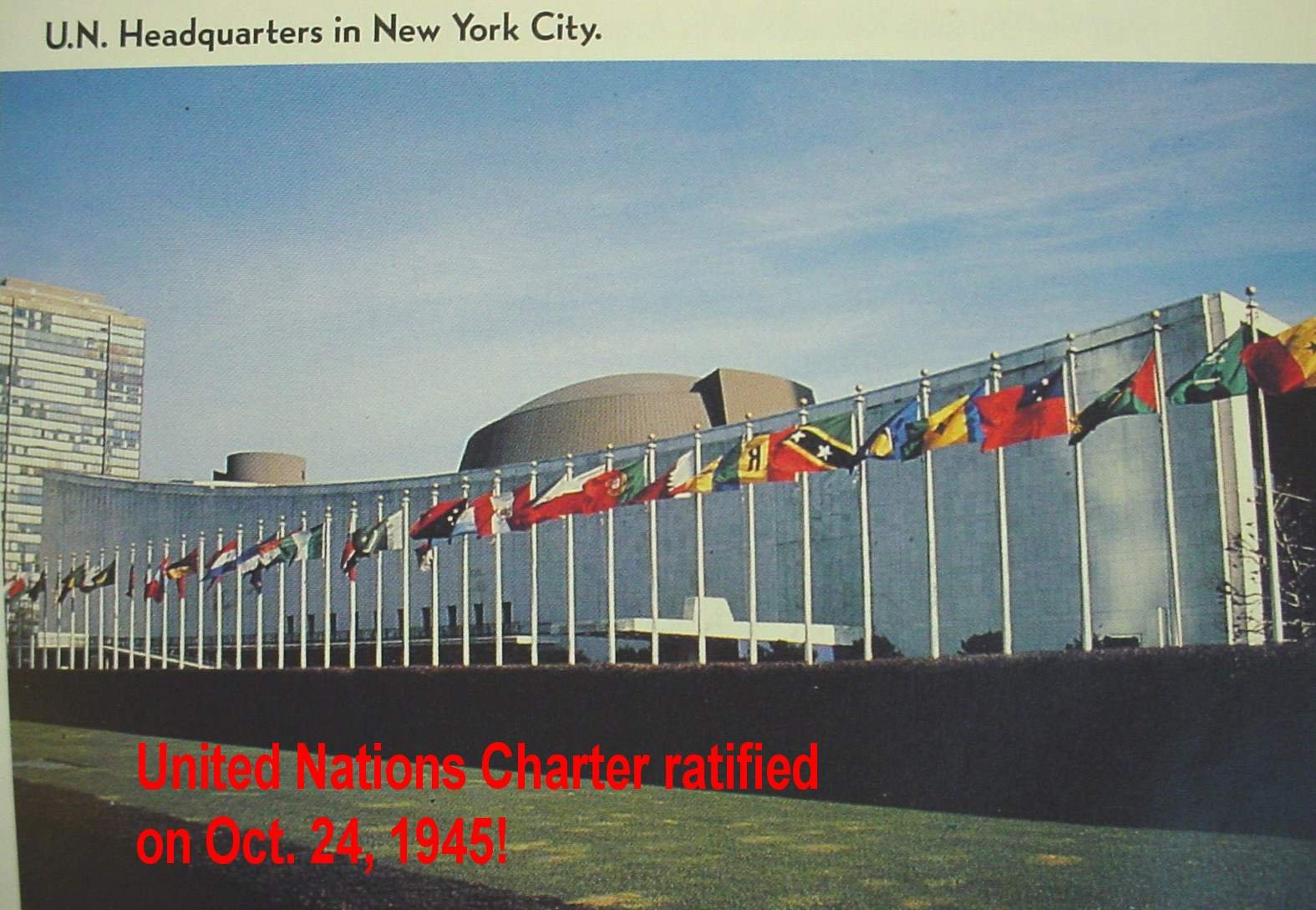 The United Nations building with flags of the nations in New York City